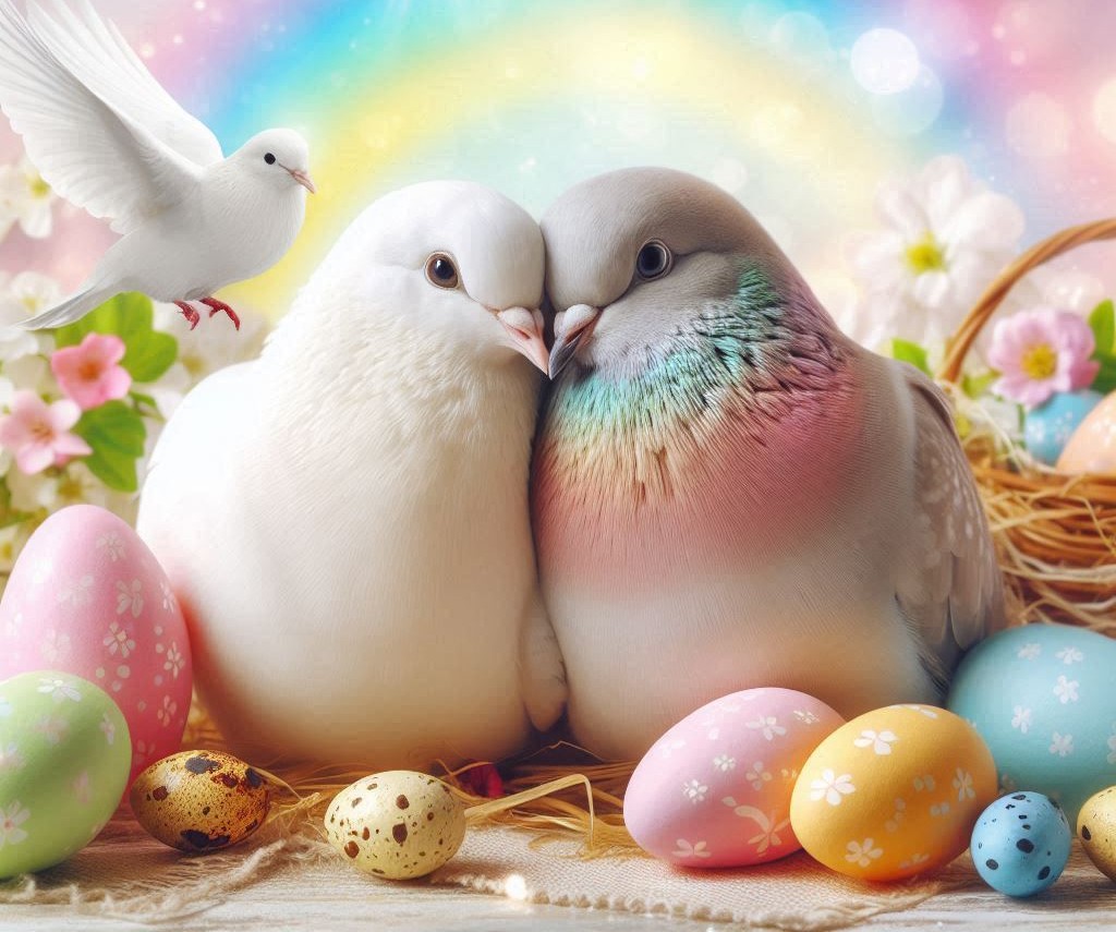 ein-kuschelndes-taubenparchen-mit-ostereiern-im-vordergrund-und-einem-fruhlingshaften-hintergrund-mi